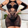 No Crotch Transparent Fashion Hollow Out Sexy Mesh Seductive Jumpsuit With Tight And Hollowed Out Waist Hugging Short Skirt