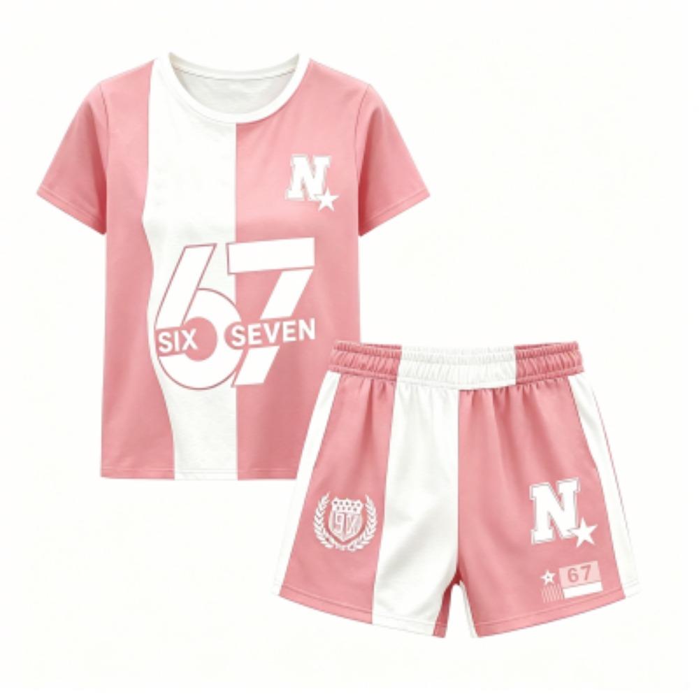 Kids Letter 67 Color Blocking Printed 10 Colors Outdoor Street Kids T-shirt and Shorts 2 Piece Set Summer Home Casual Outfit Boy and Girl's Sports Set