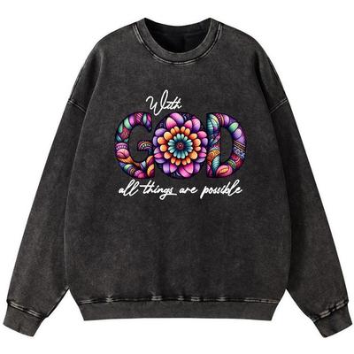 С Богом всё возможно Женский винтажный выстиранный хлопок Тонкий стиль Свитшот Уличный Осенний Пуловер Хипстер