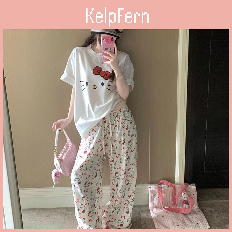 Хлопковый комплект пижамы Hello Kitty для женщин, летний, комфортный, для дома, повседневный