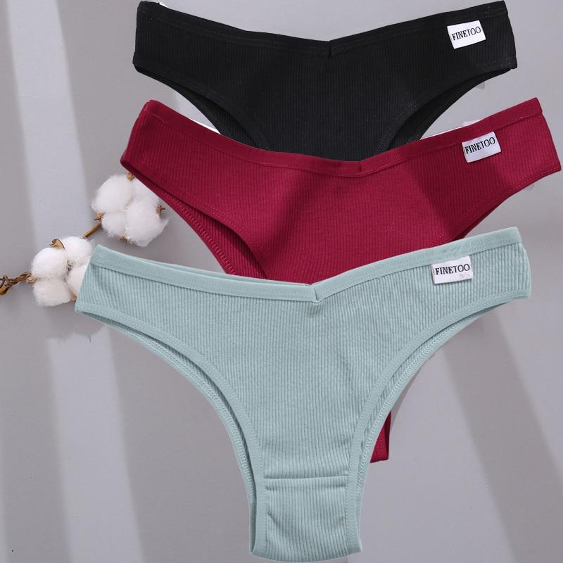 FINETOO 3Pcs Women Cotton Panties Sexy Thongs 6 Colors Underwear For Woman Low-Rise Underpant Bikini Briefs