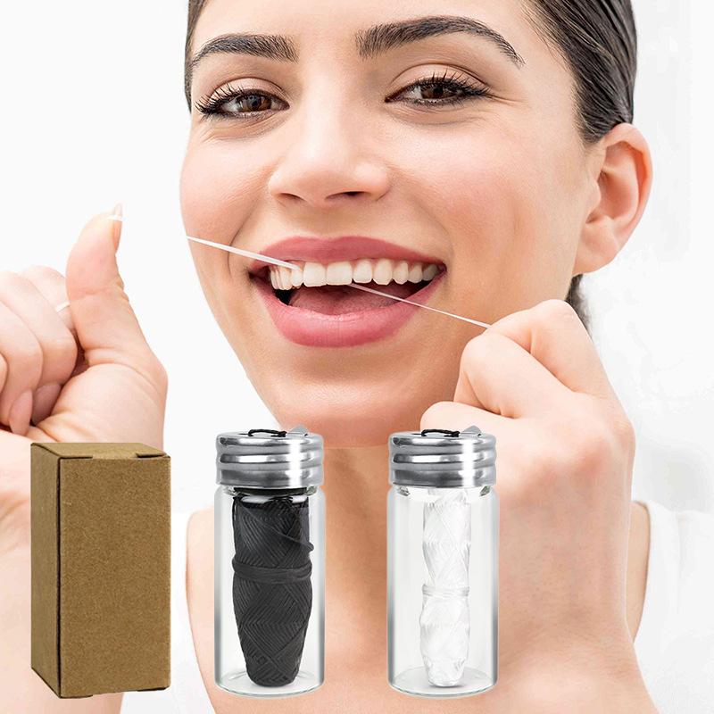 30m Vegan Biodegradable Bamboo Charcoal Dental Floss with Refillable Glass Holder Mint Flavored Tiny Floss