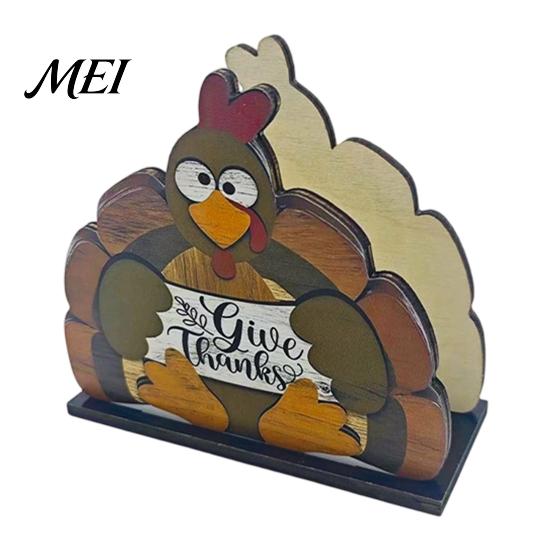 Cute Turkey Pattern Table Ornament Thanksgiving Solid Wood Napkin Holder, Fall Harvest Gnome Scarecrow Tissue Wooden Paper Towel Holder Dispenser,