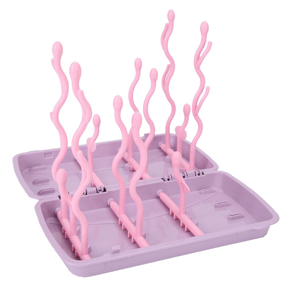 Baby Bottle Drying Rack PP Safe Foldable Portable Baby Bottle Countertop Drain Rack Pink