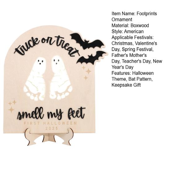 1/2Pcs Baby First Halloween Footprint Sign with Base Spooky Bat Trick or Treat Smell My Feet Footprint Milestone Keepsake Wooden Decoration