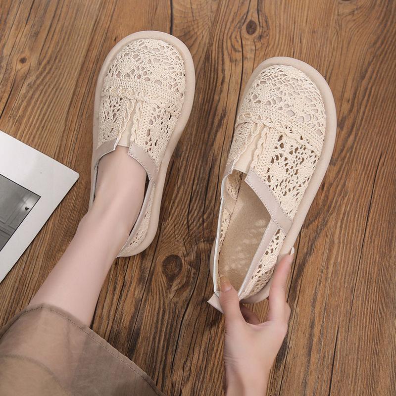 Casual Slip On Hollow Lace Breathable Shoes for Women Summer Aesthetic Designer Luxury 2025 New Light Round Toe Woman Footwear