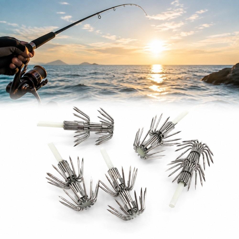 10PCS Stainless Steel Squid Fishing Hooks Luminous Jigging Fishhook Lures Saltwater Fishing