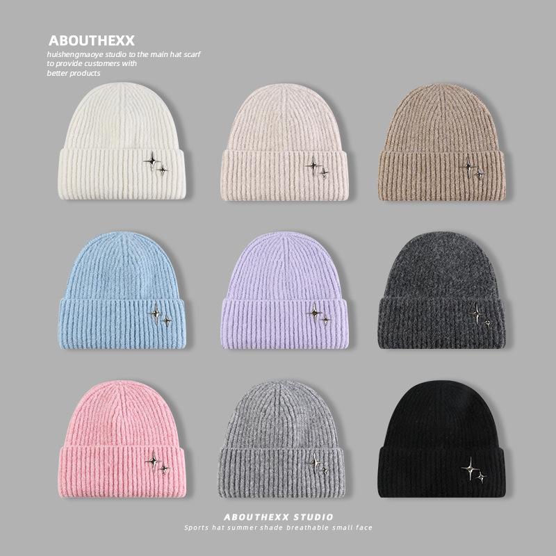 Women's Autumn and Winter Wool Hat Big Head Circumference Versatile Warm Ear Protection Cold Hat Showing Face Small Stars Decorative Knitted Hat Men