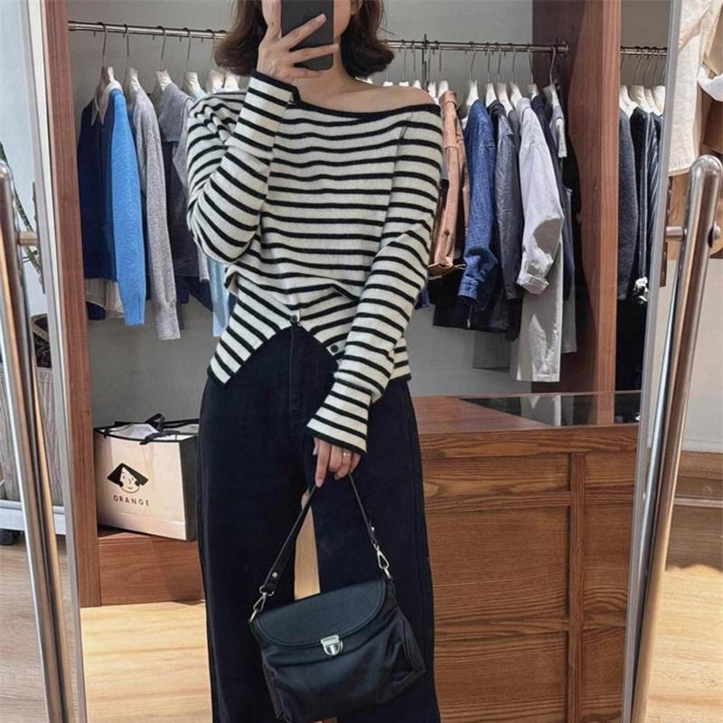 Элегантный Свободный Вязаный Пуловер с Покатым Плечом в Полоску Повседневный Нежный Осенний Женский Модный Топ с Длинным Рукавом Свободный Повседневный Офисный Тонкий