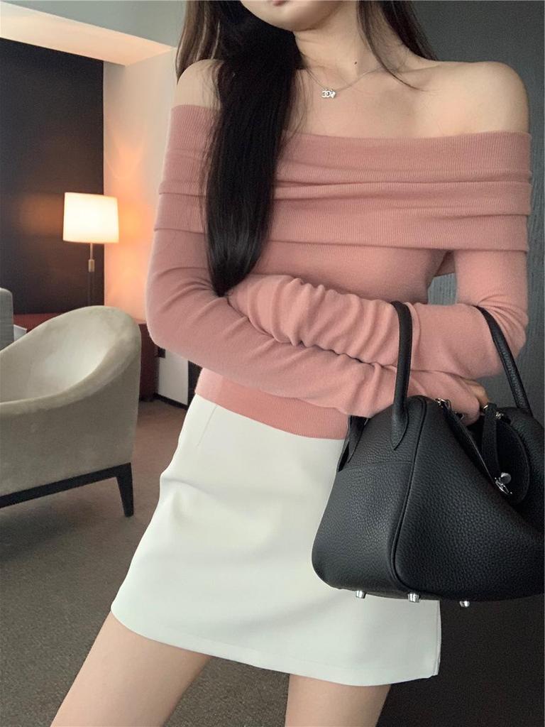 Women's Apricot One-Shoulder Knit Sweater: Soft, Long-Sleeve, Sexy Off-Shoulder Top for Autumn.