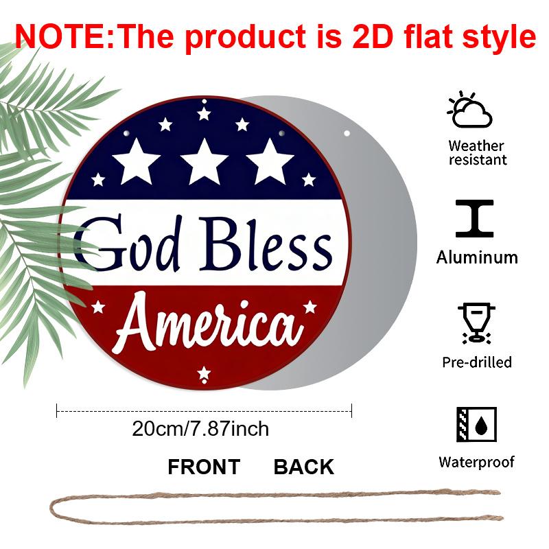 2D Flat, 1pc Patriotic “God Bless America” Hanging Sign, Heavy-Duty Aluminum Independence Day Decoration with Navy Blue & Red Stars, 7.87In American