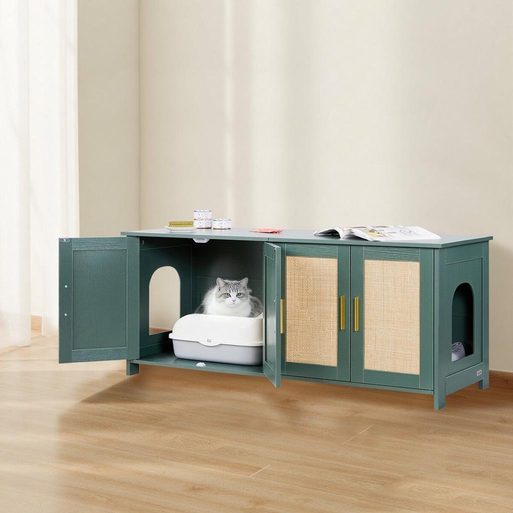 Cat Litter Box Enclosure for Multi Cats, 120 cm Hidden Litter Box Cabinet with 4 Rattan Doors & 2 Entries, Indoor Cat Washroom, Wooden Kitty House