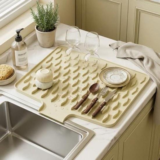 Dish drying mat kitchen silicone automatic drainage approximately 3040cm non-slip heat-resistant fits perfectly sink quick-drying sloped groove design