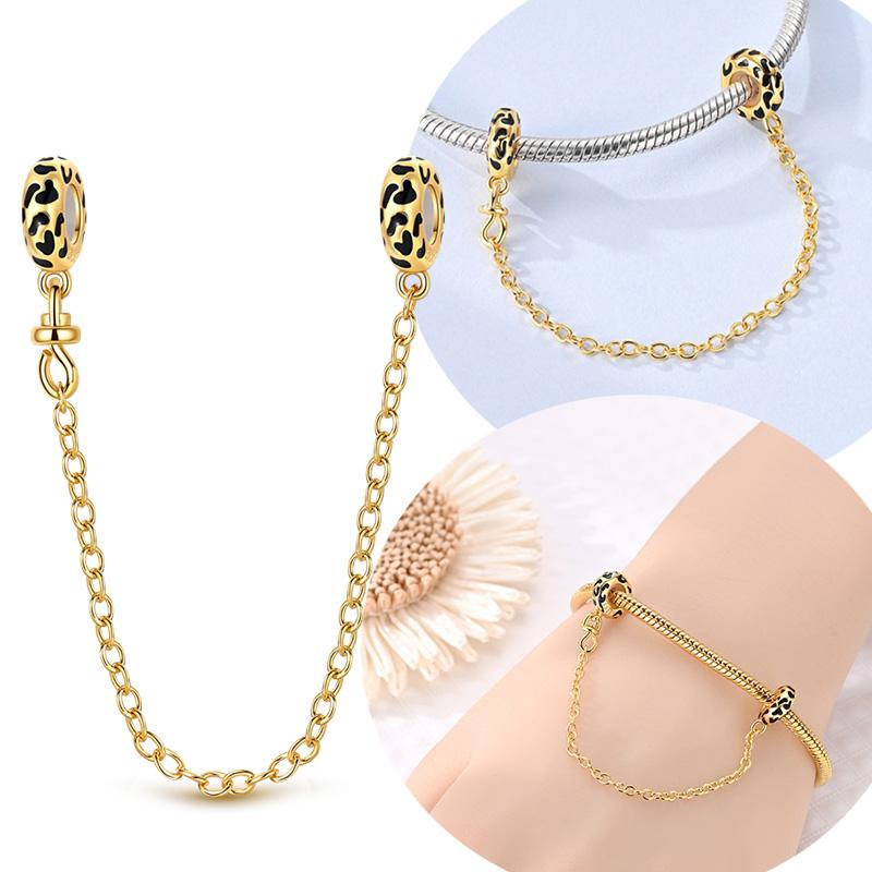 Original 925 Sterling Silver Charm Gold Leopard Print Safety Chain Fit Original Bracelet Necklace For Women DIY Jewelry Gift