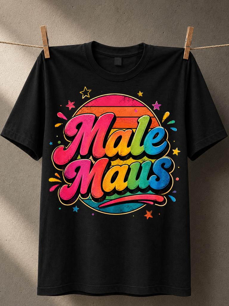 Male Maus Rainbow Retro Bubble Letters With Sunset Circle Stars And Playful Curves Cheerful Unisex All TShirt