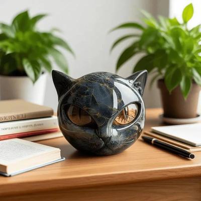Подарок Домашний Офисный Настольный Декор Фигурка Черного Кота из Камня Смола Голова Кота Целебный Камень Мраморная Текстура Камень Кота Сувенир