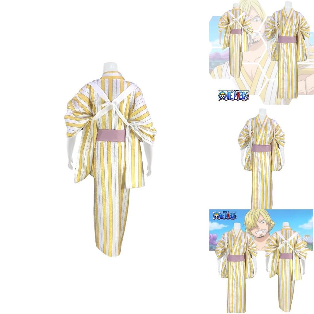 Высококачественный полиэстер Аниме Пират Зоро Косплей Костюм Желтое Полосатое Кимоно