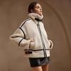 Women Fleece Jacket Stand Collar Buckle Strap Zip Up Contrast Piping Oversize Casual Coat