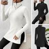 Women Knitting Tops High Collar Long Sleeve Slim Fit Sweater Tops Mid-length Side Split Design Solid Color Ribbed Tops