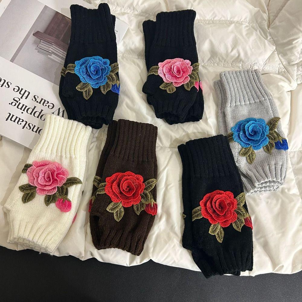 Vintage Embroidery Knitted Gloves Floral Fingerless Gloves Cute Crochet Flower Mittens Outdoor