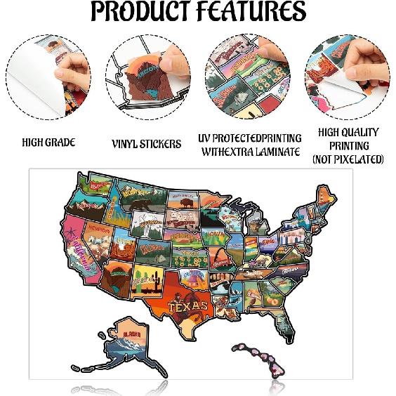 RV State Travel USA Map Sticker, United States Vinyl RV Travel Camper Trailer Map Sticker Of America Waterproof Decals For Window Door Wall, USA Road
