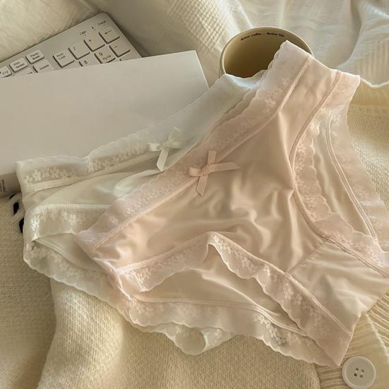 Women Panties Seamless Lace Bow Decor Soft Solid Color Elastic Thin High Waist Quick-drying Breathable Anti-septic Lady Underpants Briefs