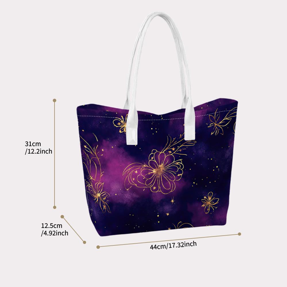 Elegant Purple Golden Flower Tote Bag Fashion Casual Portable Daily Carry Handbag for Women