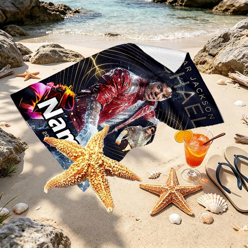 Custom Name Personalized Michael Jackson Print Beach Towel, for Trip Camping Beach Party Home Decor, Birthday Gift for Family & Friends