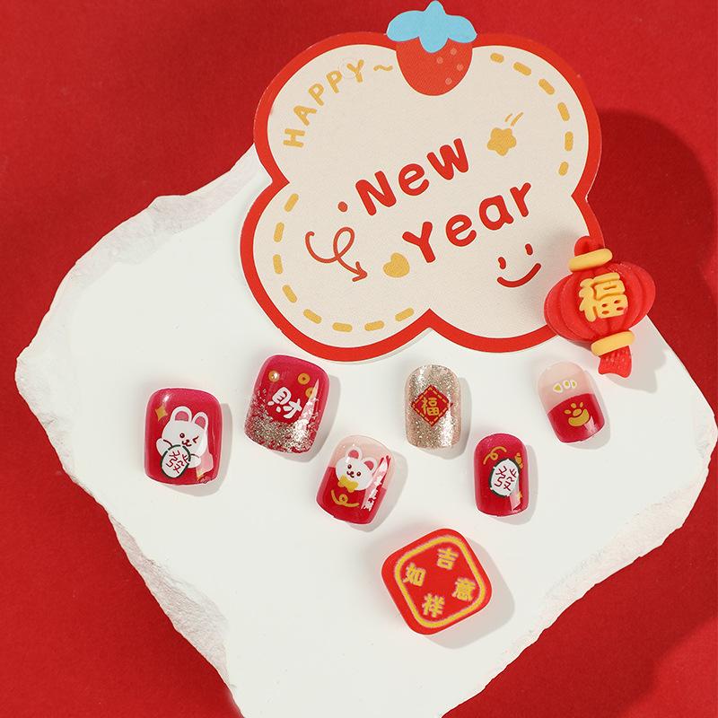 24 шт./компл., короткие новогодние ногти с блестками, мультяшный кролик, накладные ногти, наклейка, носимые водостойкие маникюрные готовые ногти