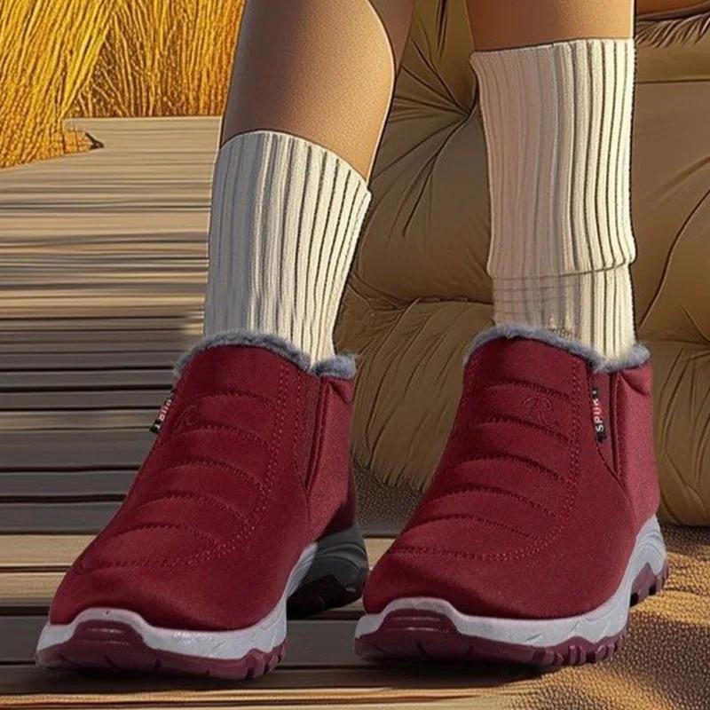 Модные черные винно-красные балетки, зимние короткие плюшевые хлопковые ботинки до щиколотки для женщин, повседневная обувь, нескользящие теплые женские боты