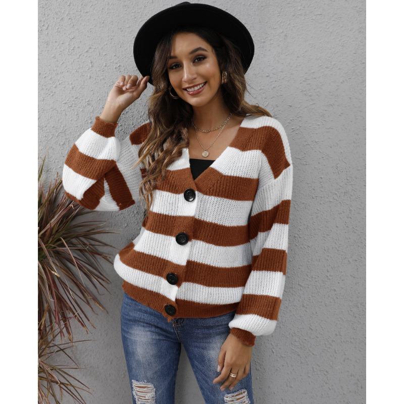 Женский осенне-зимний кардиган с яркими полосками, лоскутный тканый свитер с пуговицами