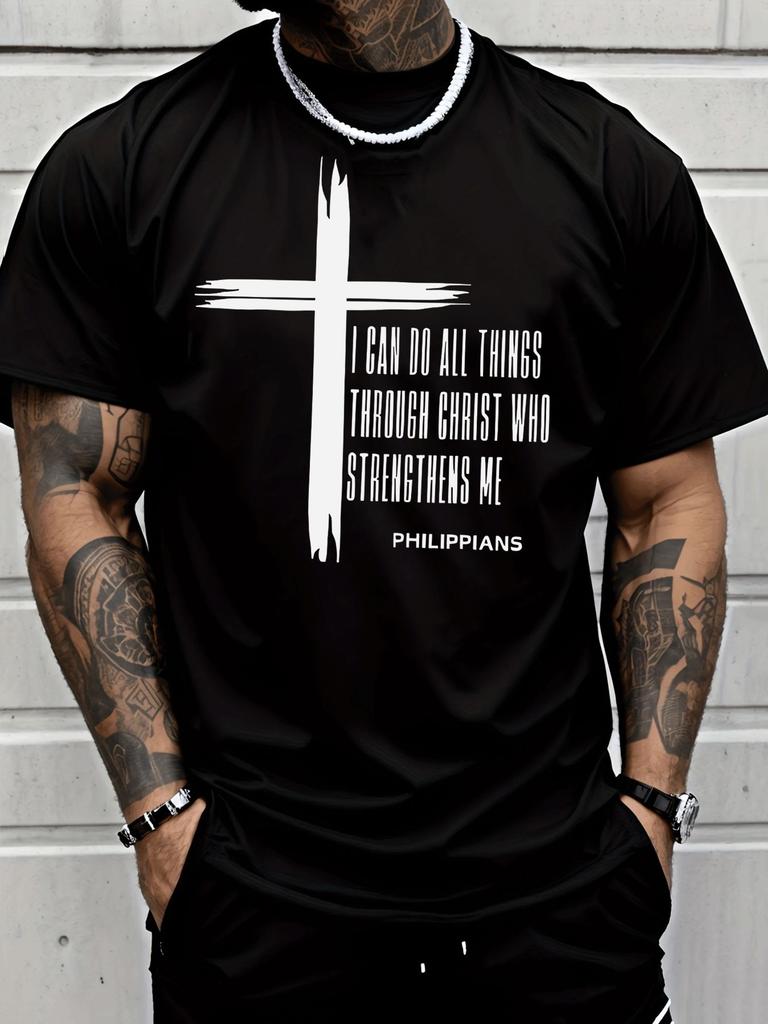 Unisexs Religious Tee Bible Philippians Cross Graphic Black Crew Loose Short Sleeve Soft Cotton Summer Daily Casual Street Wear Top