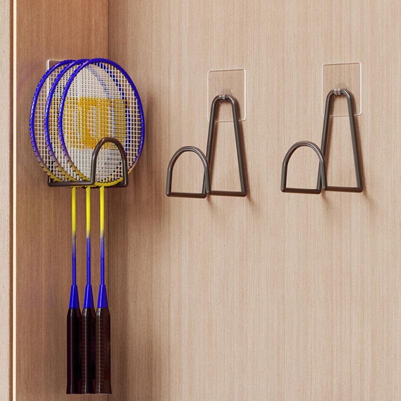 Badminton Racket Holder Wall Mount Rack with Strong Adhesive Metal Space Saving Organizer for Sports Equipment