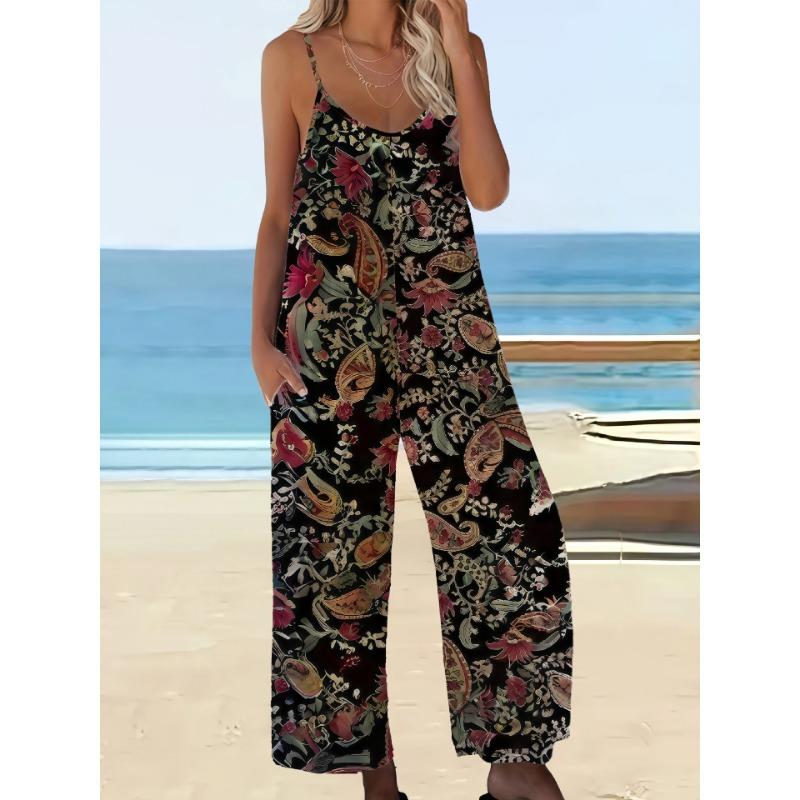 YYFS Women's Fashion Casual Summer Spring Leopard Print Sleeveless V-Neck Loose Waistline Trousers Jumpsuits & Rompers