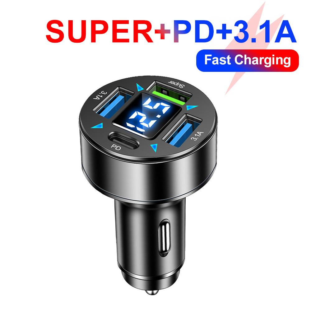 Автомобильное зарядное устройство для быстрой зарядки прикуривателя, адаптер 4 порта USB A USB C, быстрая зарядка телефона, зарядное устройство для iPhone Xiaomi