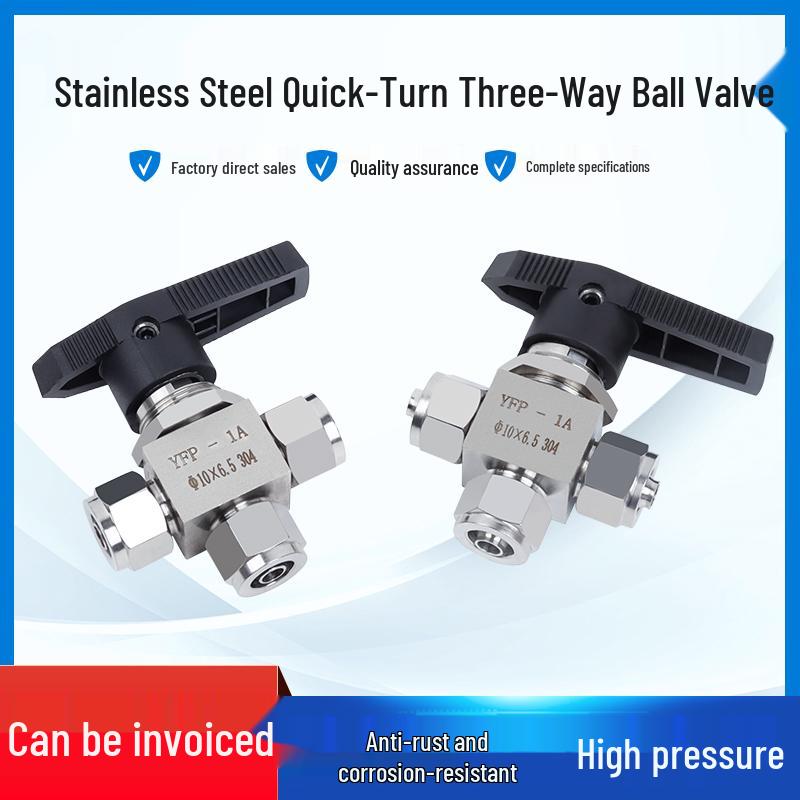 304 Stainless Steel Quick Turn 3-Way Ball Valve with Panel Mount Locking Nut for Hose PU Air Tube.