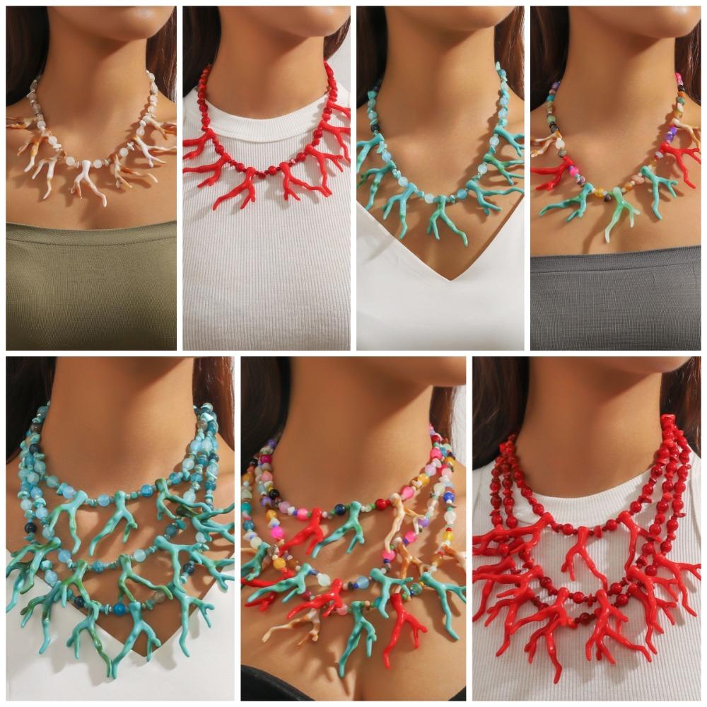 Multi-layer Beaded Coral Necklace Bohemia Ocean Style Beach Choker Coralal Pendant Necklace Summer