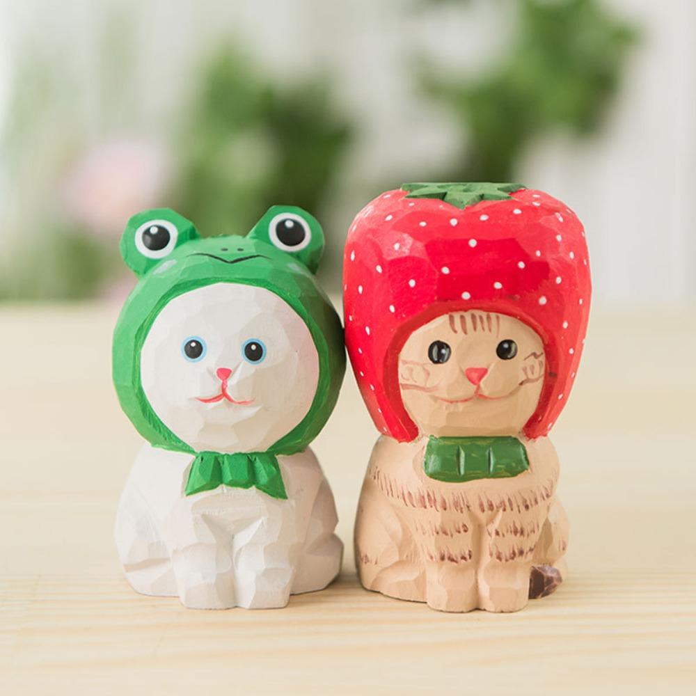 Скульптура кошки из массива дерева, расписанная мультяшными красками, ручной работы, с ручной гравировкой, кошачьи украшения, для девочек