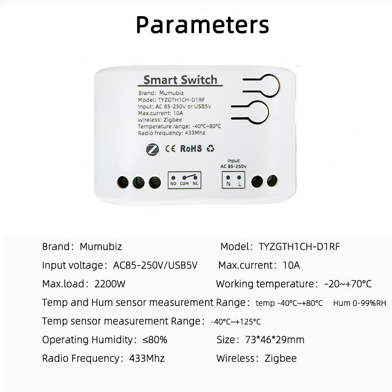 Tuya Smart TH10 Zigbee-переключатель с датчиком температуры и влажности, пассивный сухой контакт, Zigbee-реле, работает с Home Assistant