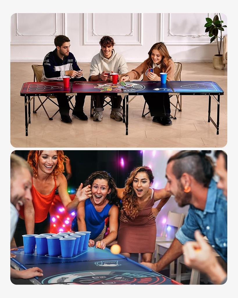 2.4 m Portable Beer Pong Table, LED Lights, Foldable Tailgate Table with Carrying Handles and 6 Pong Balls, Adjustable Height, Lightweight Table for