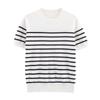 Kaslead New Women clothes Western Style Fashion Simple and Versatile Stripe Pullover round Neck Short sleeve Top