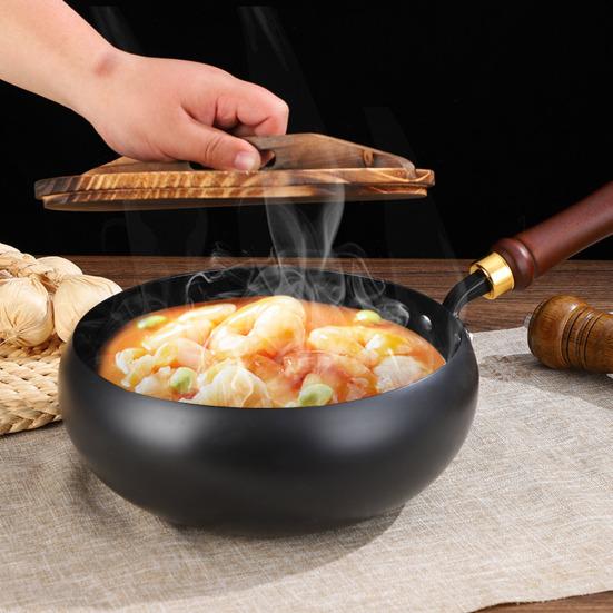 Traditional Forged Iron Wok with Wooden Lid Non-Stick Uncoated Iron Pan Japanese Cookware for Gas Induction & Electric Stoves