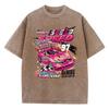 Oversized Woman Washed T-Shirts Race Car Energetic Speed Print Short Sleeve Distressed Crewneck Cotton Tops Trend Clothes