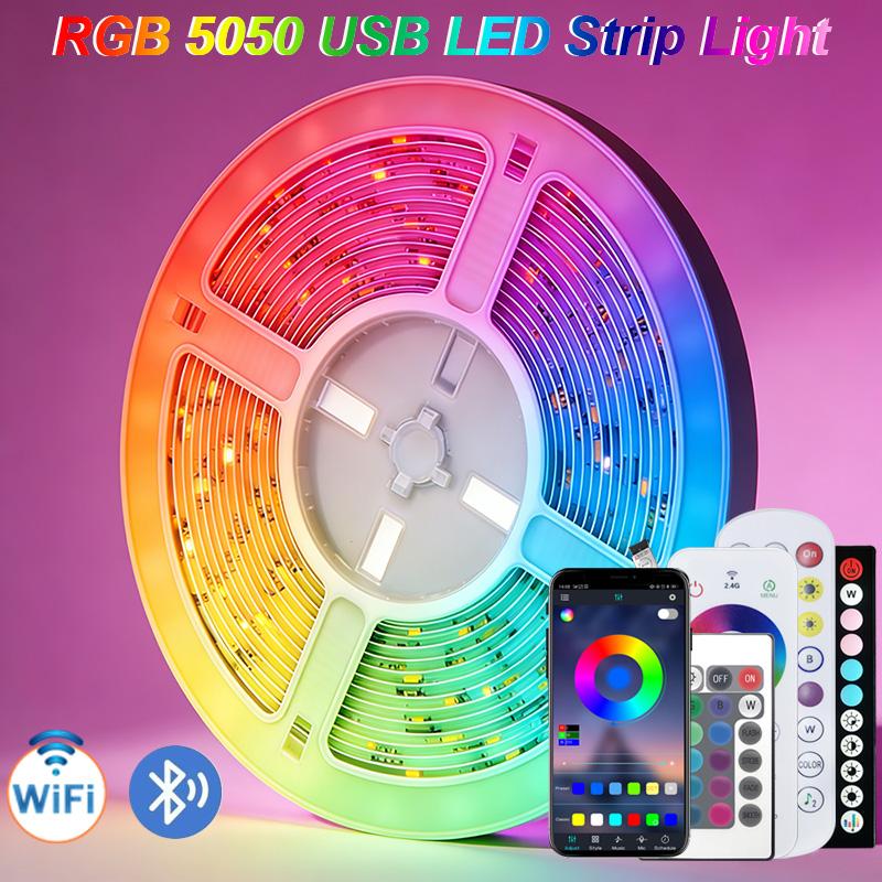 Светодиодная лента 1-20 м с USB-штекером 5050 Многоцветная RGB Подсветка фона телевизора Игровая комната Семейная вечеринка Декор Ночник