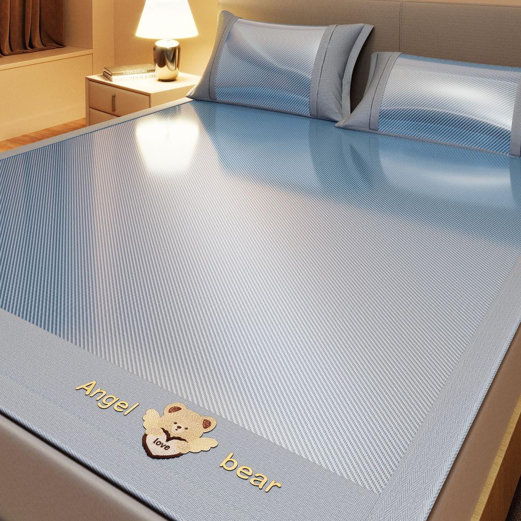 Machine Washable 3-Piece Ice Silk Cooling Mat Set with 2 Pillowcases, Breathable Summer Bed Sheet for Home Dorm, Soft Fitted Sheet