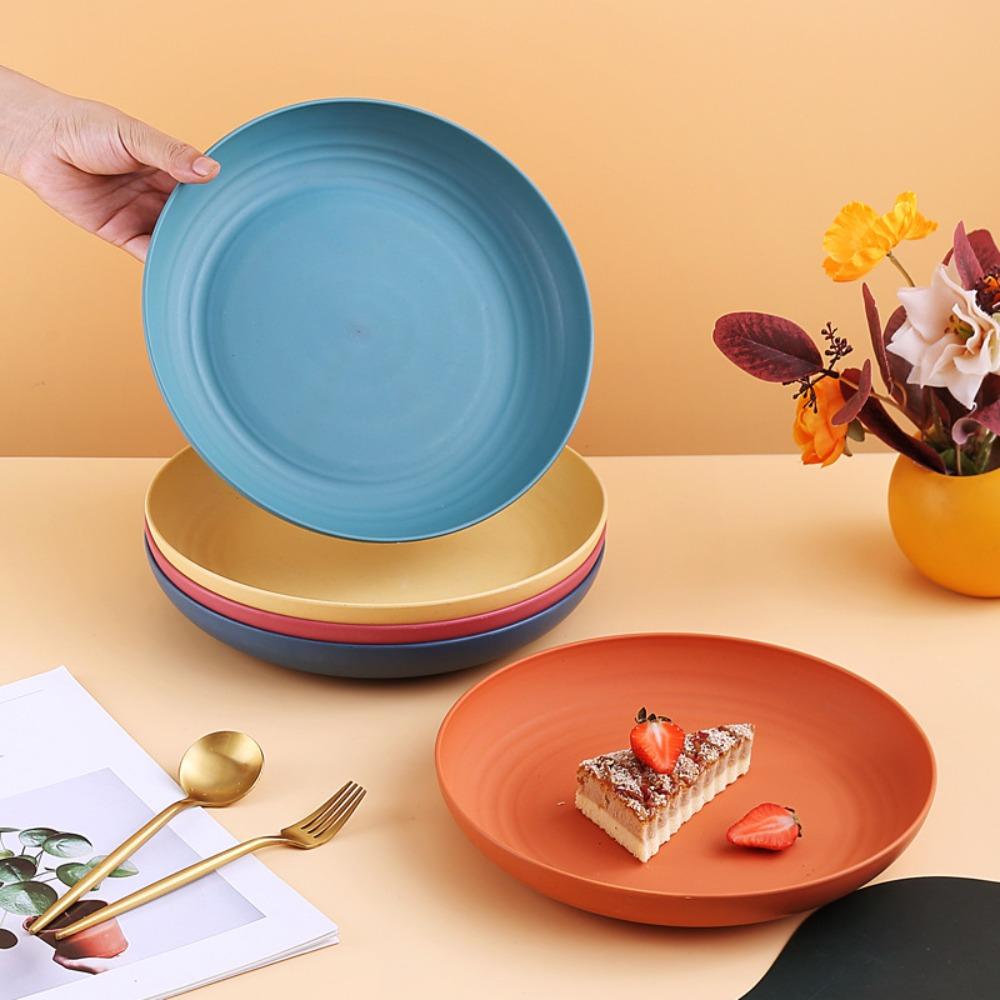 Round Wheat Straw Plates Plastic Tableware Stackable Dinner Plates Salad