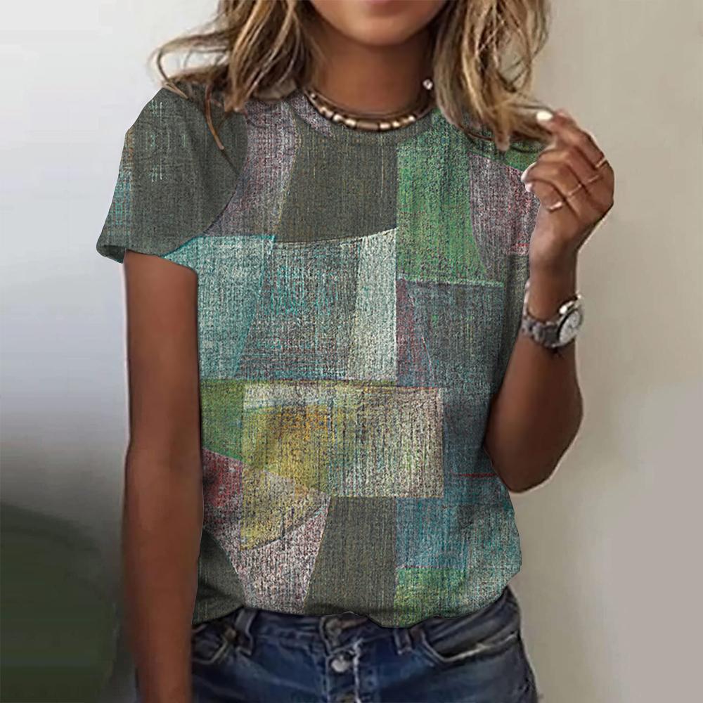 Ретро женская футболка с принтом в клетку, одежда в стиле пэчворк, блузка с коротким рукавом и круглым вырезом, женские топы большого размера, женская рубашка в стиле Харадзюку