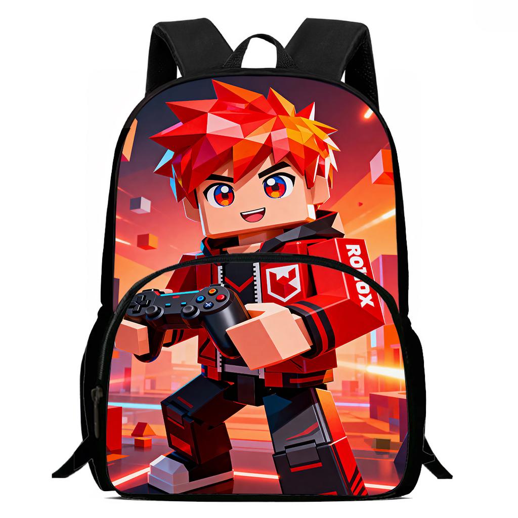 15-Inch Roblox Cartoon Backpack, Large Capacity Back Support Backpack with Front Pocket, Suitable for Unisex Children Aged 5-8