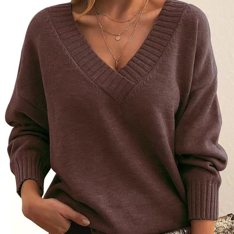 Knit Pullover Top Women's Sweater Loose V-Neck Casual Knit Plus Size Sweater