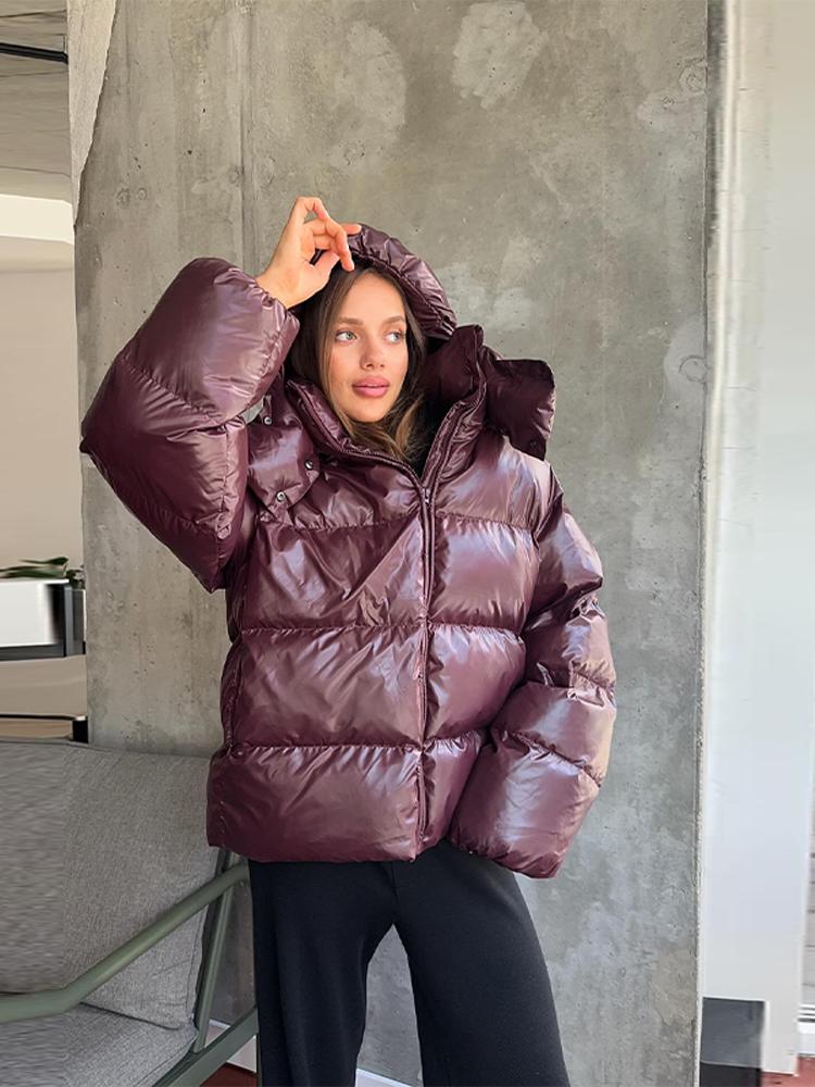 Женский пуховик из лакированной ткани со съемной шляпой, женская теплая, простая и модная зимняя куртка 2025